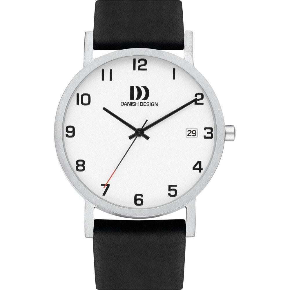 Uhr mit silbernem Gehäuse, weißem Zifferblatt und schwarzem Lederarmband