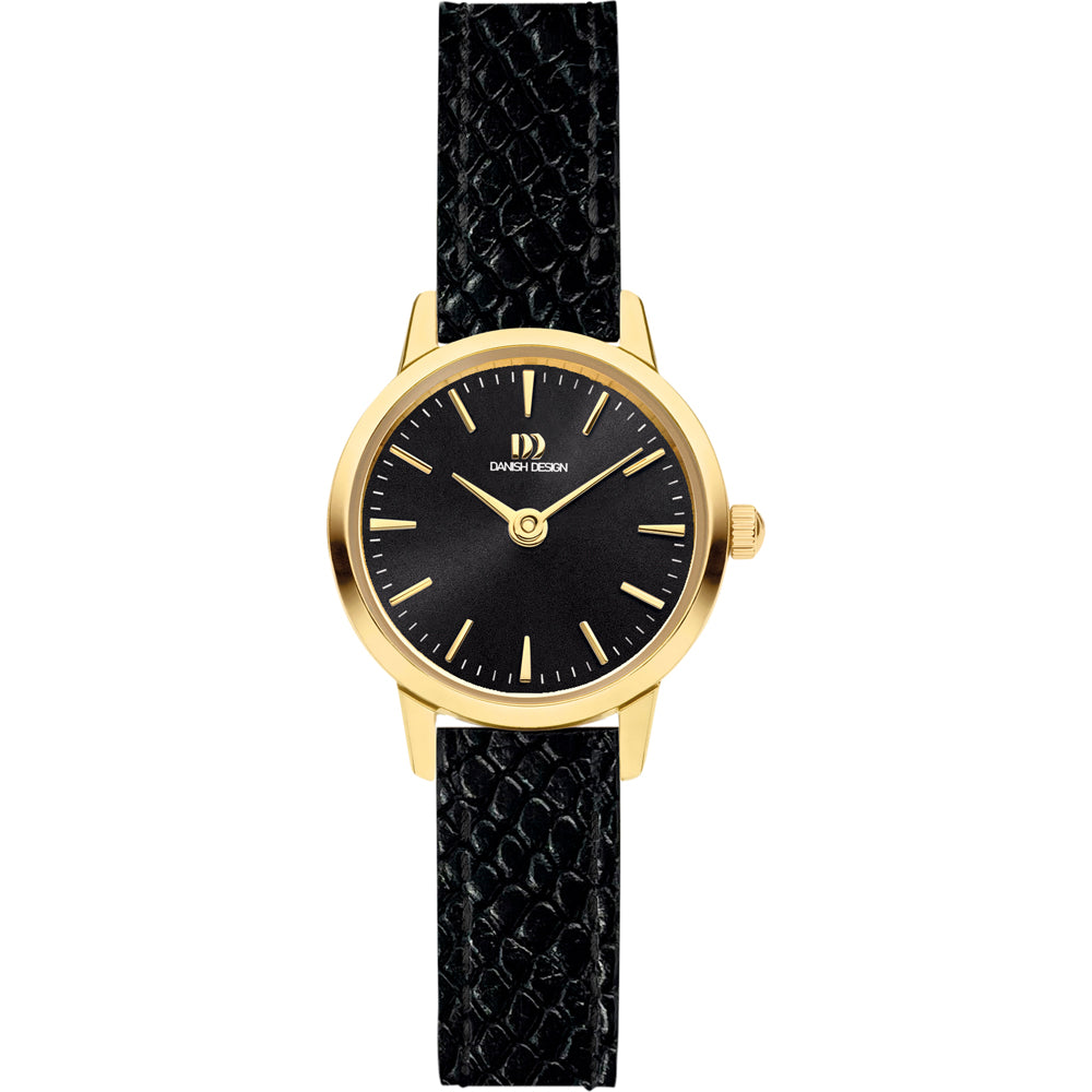 Dameuhr mit schwarzem Zifferblatt, goldfarbenem Gehäuse und schwarzem Lederarmband im Flechtmuster