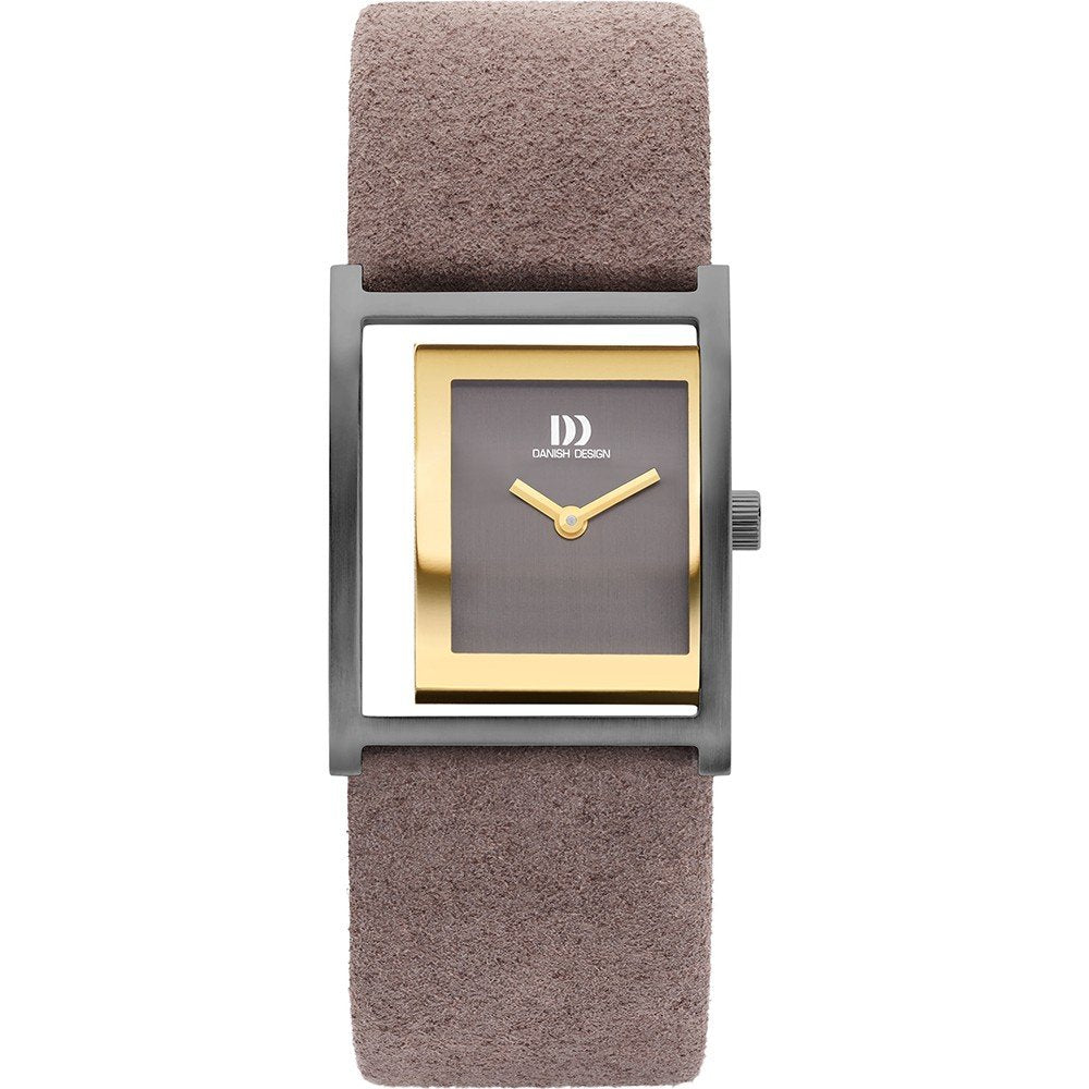 Damenarmbanduhr mit schwarzem Zifferblatt, rechteckigem Gehäuse und grauem Lederarmband
