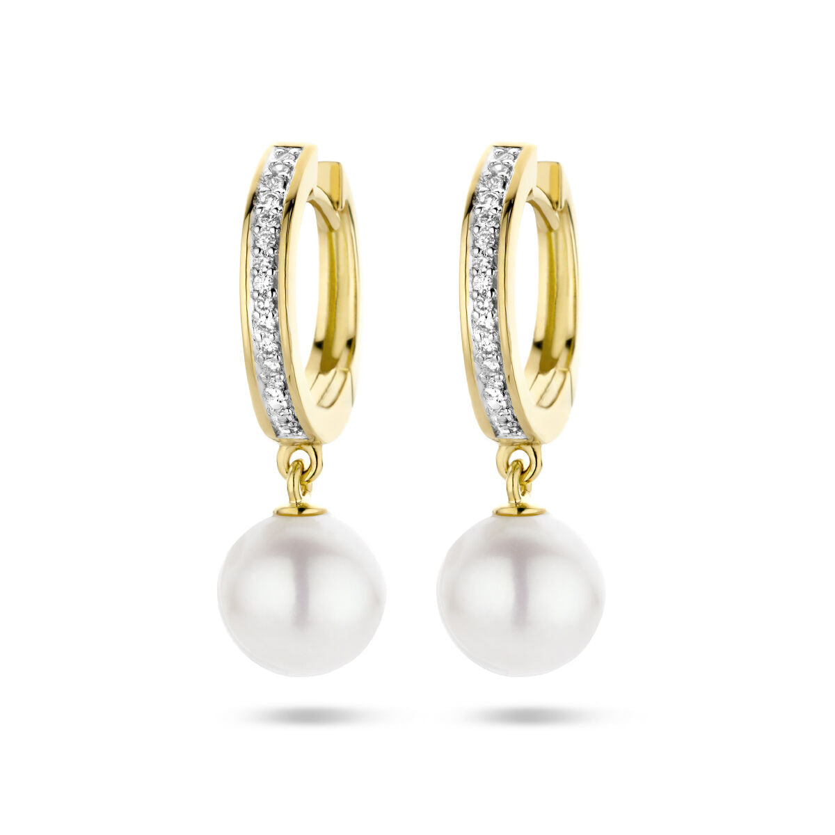 Klapp-Ohrringe aus 14K Gelbgold mit einer weißen Perle und Diamanten (0,08 ct) in Bicolor-Optik