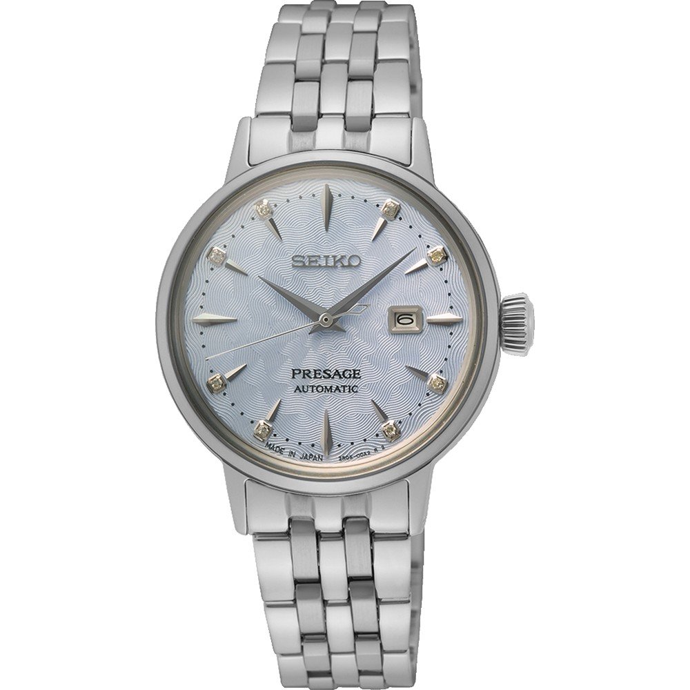 Damenarmbanduhr von Seiko mit silbernem Gehäuse, blauem Zifferblatt und Edelstahl-Armband