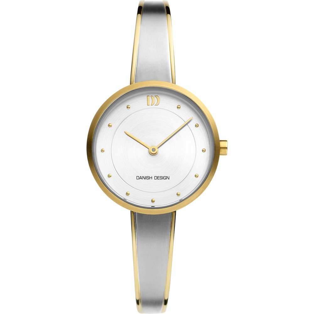 Uhr mit weißem Zifferblatt, goldfarbenem Gehäuse und silbernem Mesh-Armband
