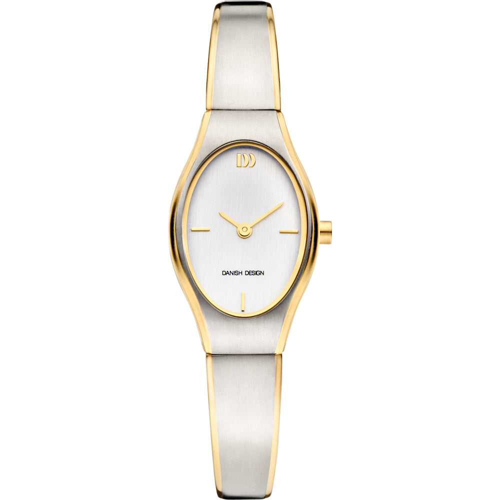 Uhr mit silbernem Gehäuse und goldenem Armband, mit weißem Zifferblatt und zwei Zeigern
