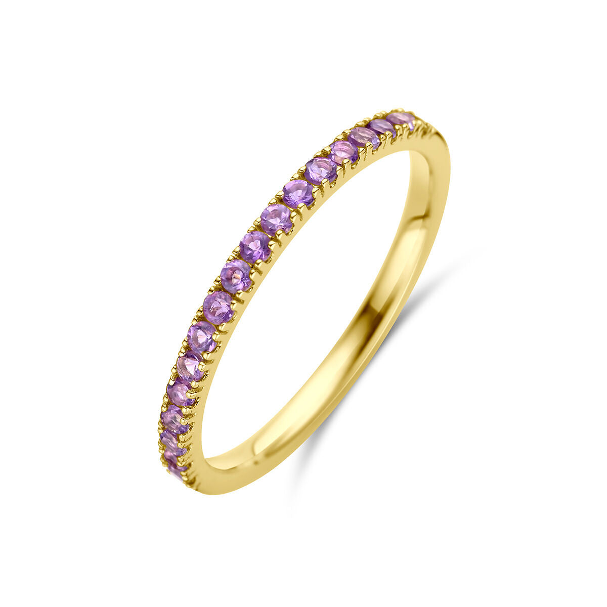 Ring aus 14K Gelbgold mit lila Amethyststeinen in einer durchgehenden Reihe