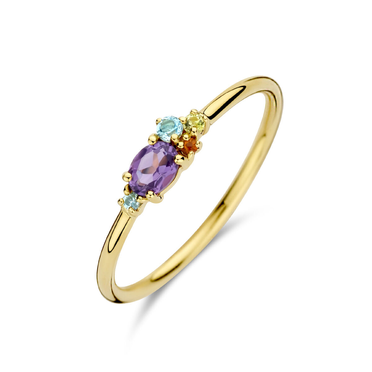 Ring aus 14K Gelbgold mit natürlichen farbigen Steinen, darunter ein lila Stein und zwei weitere farbige Steine