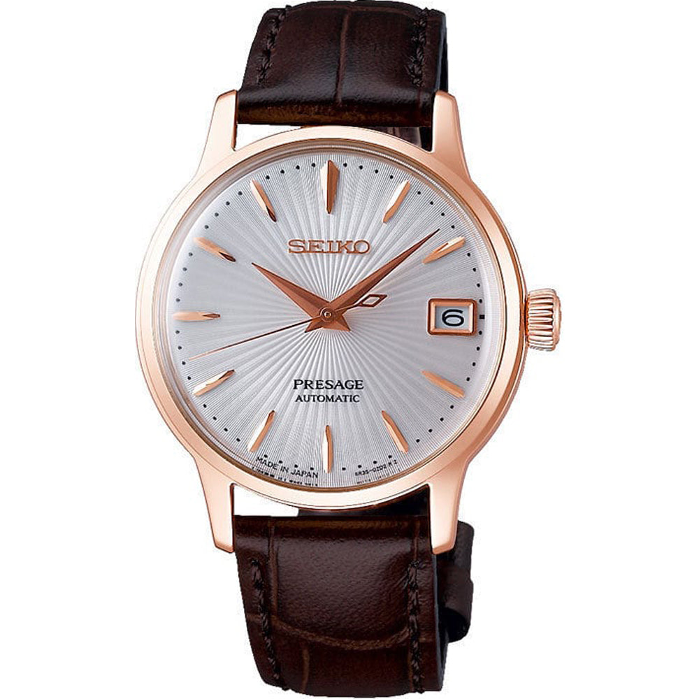 Damenarmbanduhr von Seiko Presage mit silbernem Zifferblatt und braunem Lederarmband
