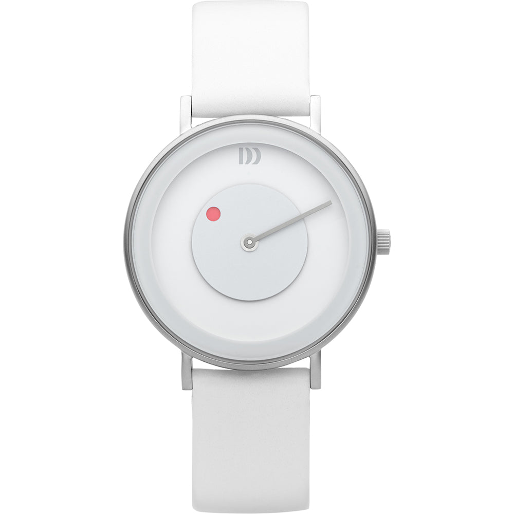 Uhr mit weißem Zifferblatt, silbernem Gehäuse und weißem Lederarmband