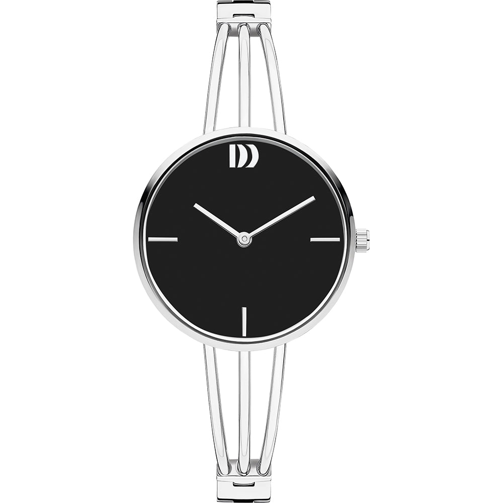 Uhr mit schwarzem Zifferblatt und silbernem Gehäuse, feines Armband mit zwei parallelen Streben