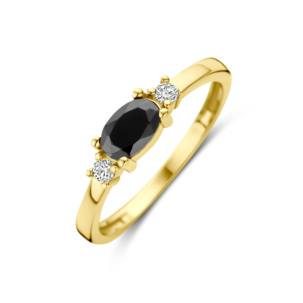 Ring aus 14K Gelbgold mit ovalem schwarzen Zirkonia und zwei weißen Zirkonia an den Seiten