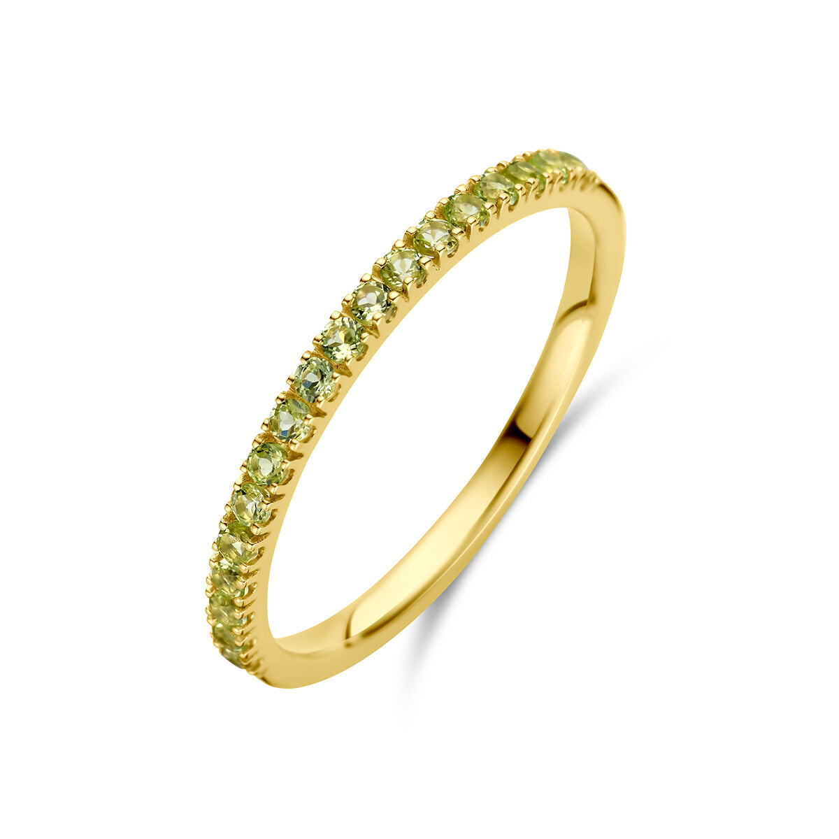 Ring aus 14K Gelbgold mit grünen Peridot-Edelsteinen in einer Reihe angeordnet