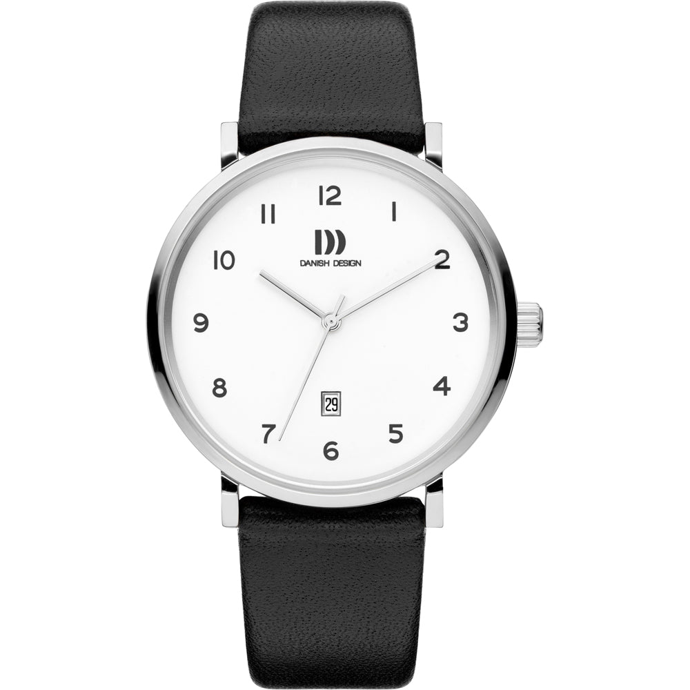Uhr mit silbernem Gehäuse, weißem Zifferblatt und schwarzem Lederarmband