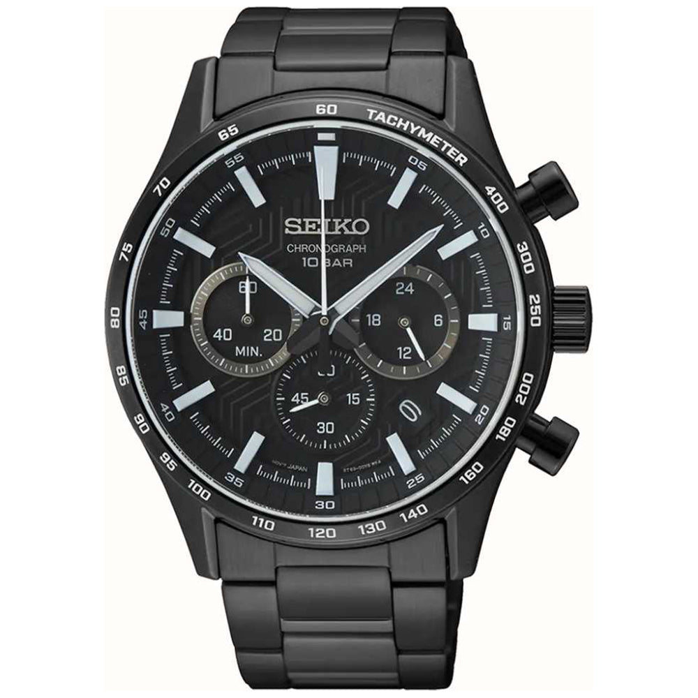 Herrenchronograph mit schwarzem Zifferblatt, schwarzem Gehäuse und Armband, Tachymeter und zwei Subdials