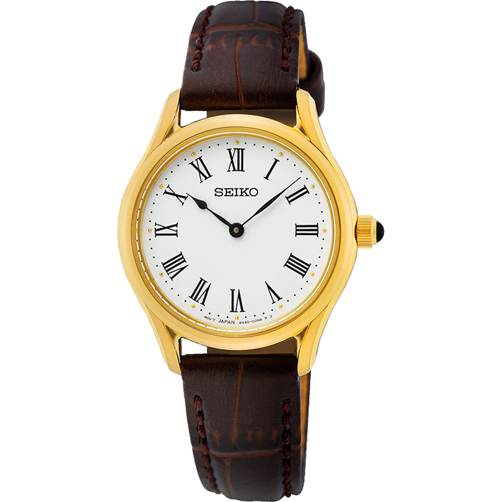 Damenarmbanduhr mit goldfarbenem Gehäuse, weißem Zifferblatt und braunem Lederarmband