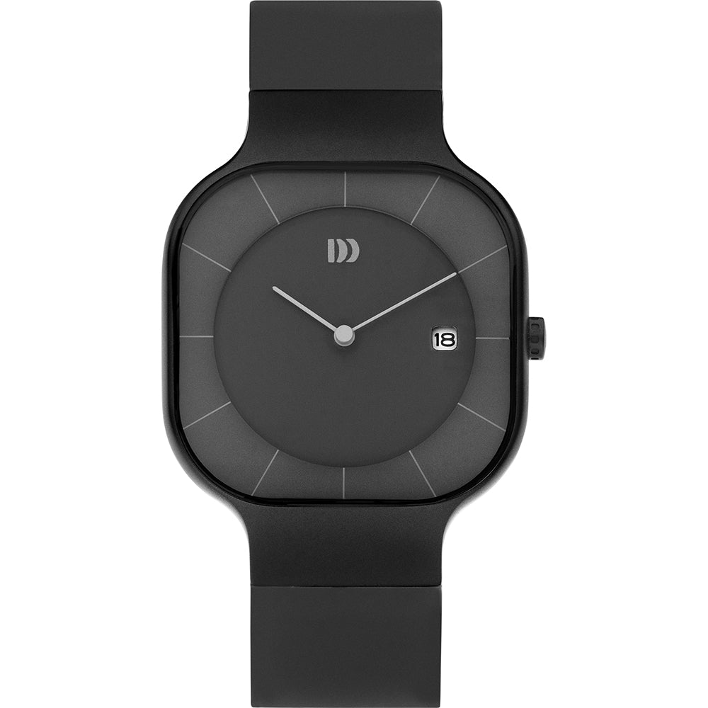 Schwarze Uhr mit quadratischem Gehäuse, mattem Zifferblatt und schwarzem Silikonarmband.