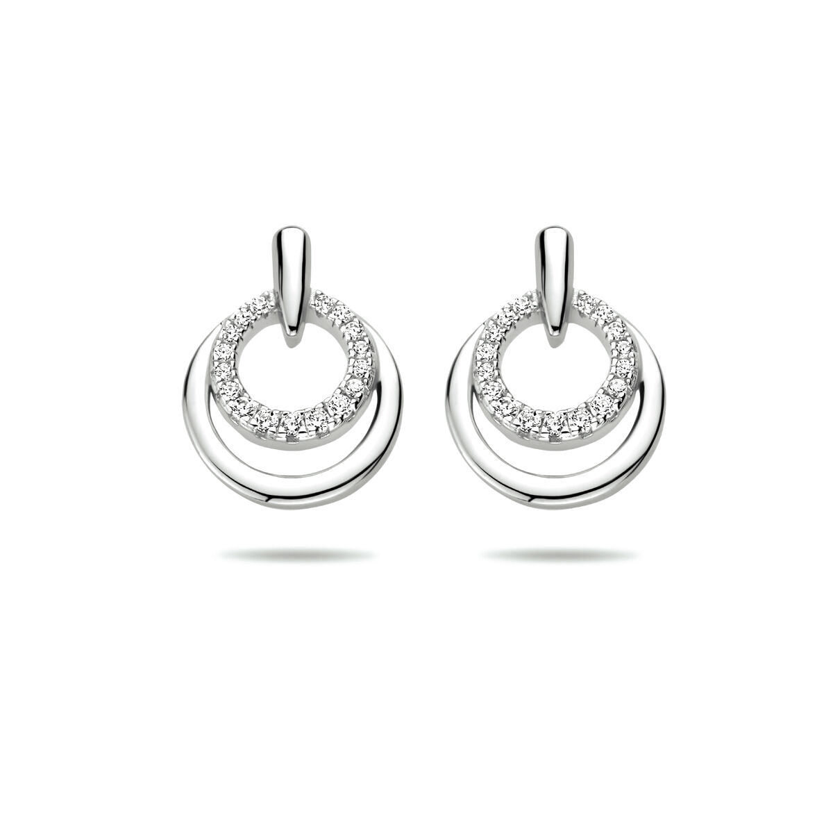 Ohrstecker aus rhodiniertem Silber mit Zirkonia, kreisförmiges Design in zwei Ebenen