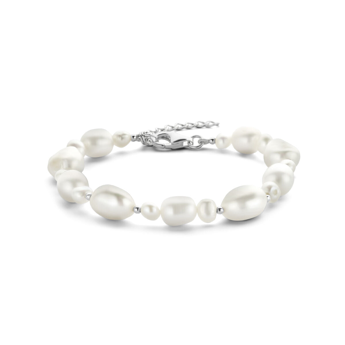 Silbernes Armband für Damen mit rhodinierten Perlen in verschiedenen Formen und Größen
