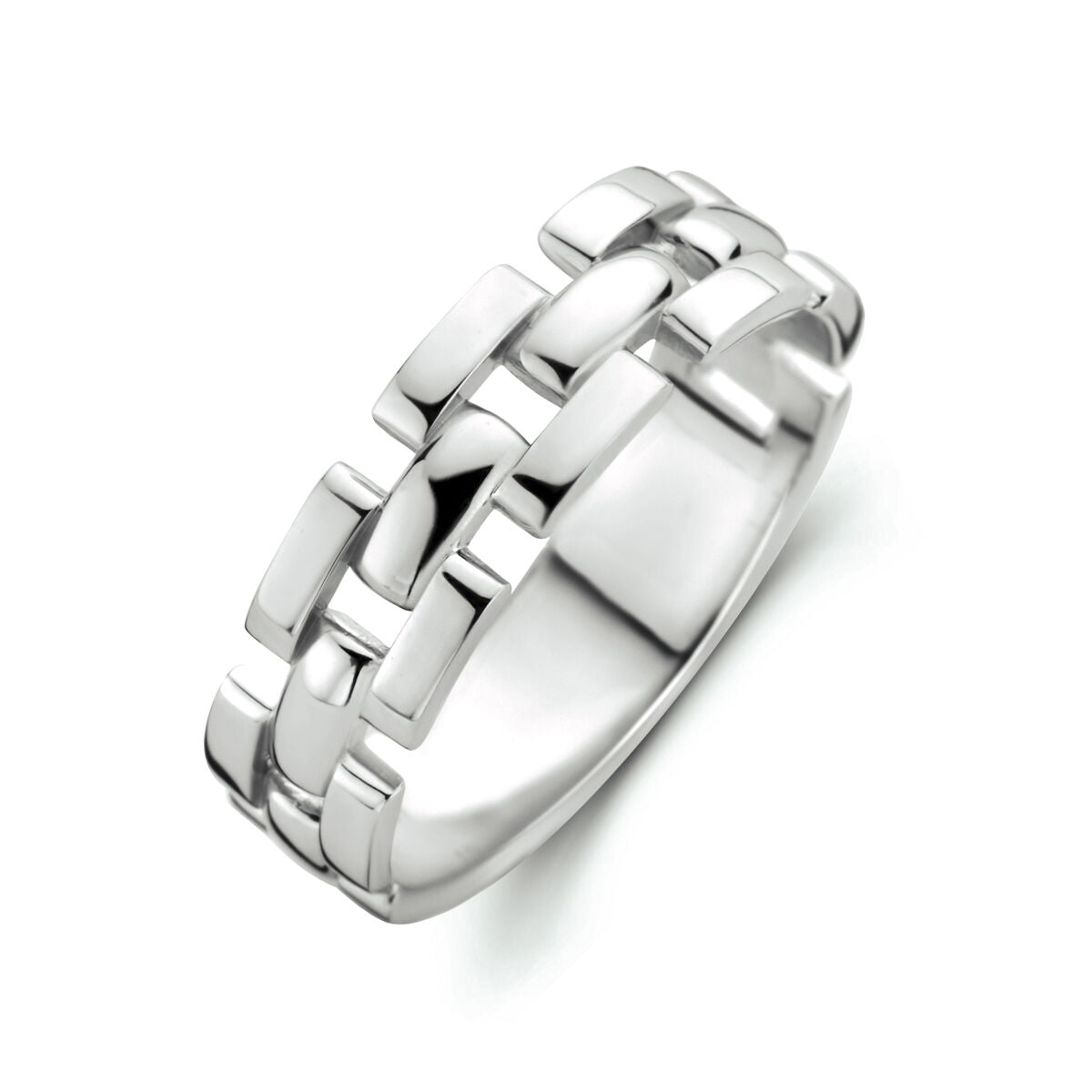 Ring aus rhodiniertem Silber mit schmalem, geschlungenem Design und glänzender Oberfläche