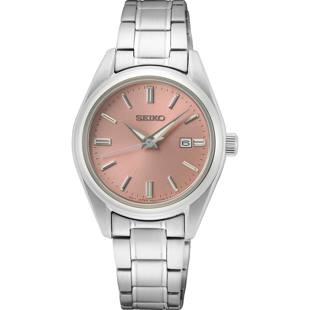 Damenarmbanduhr mit roséfarbenem Zifferblatt, silbernem Gehäuse und Edelstahlarmband