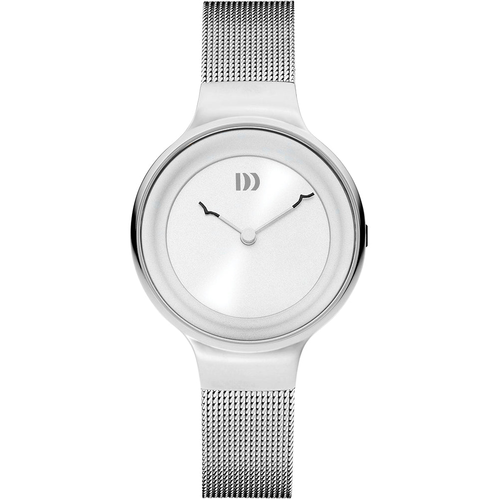 Uhr mit silbernem Mesh-Armband und weißem Zifferblatt, minimalistisches Design ohne Ziffern
