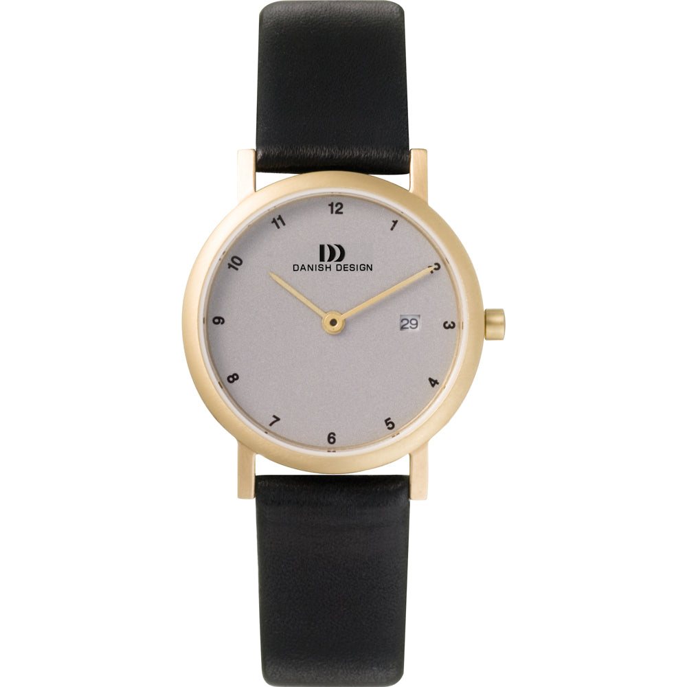 Uhr mit silbernem Zifferblatt, goldfarbenem Gehäuse und schwarzem Lederarmband