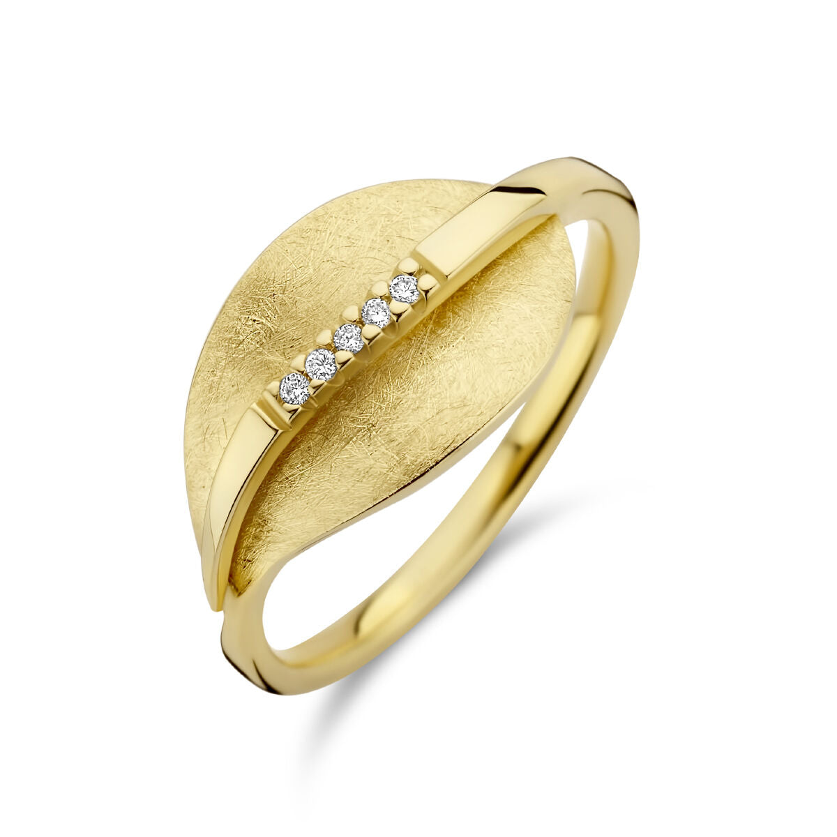 Ring aus 14K Gelbgold mit Blattdesign, mattiert und besetzt mit fünf kleinen Diamanten 0,025 ct H SI