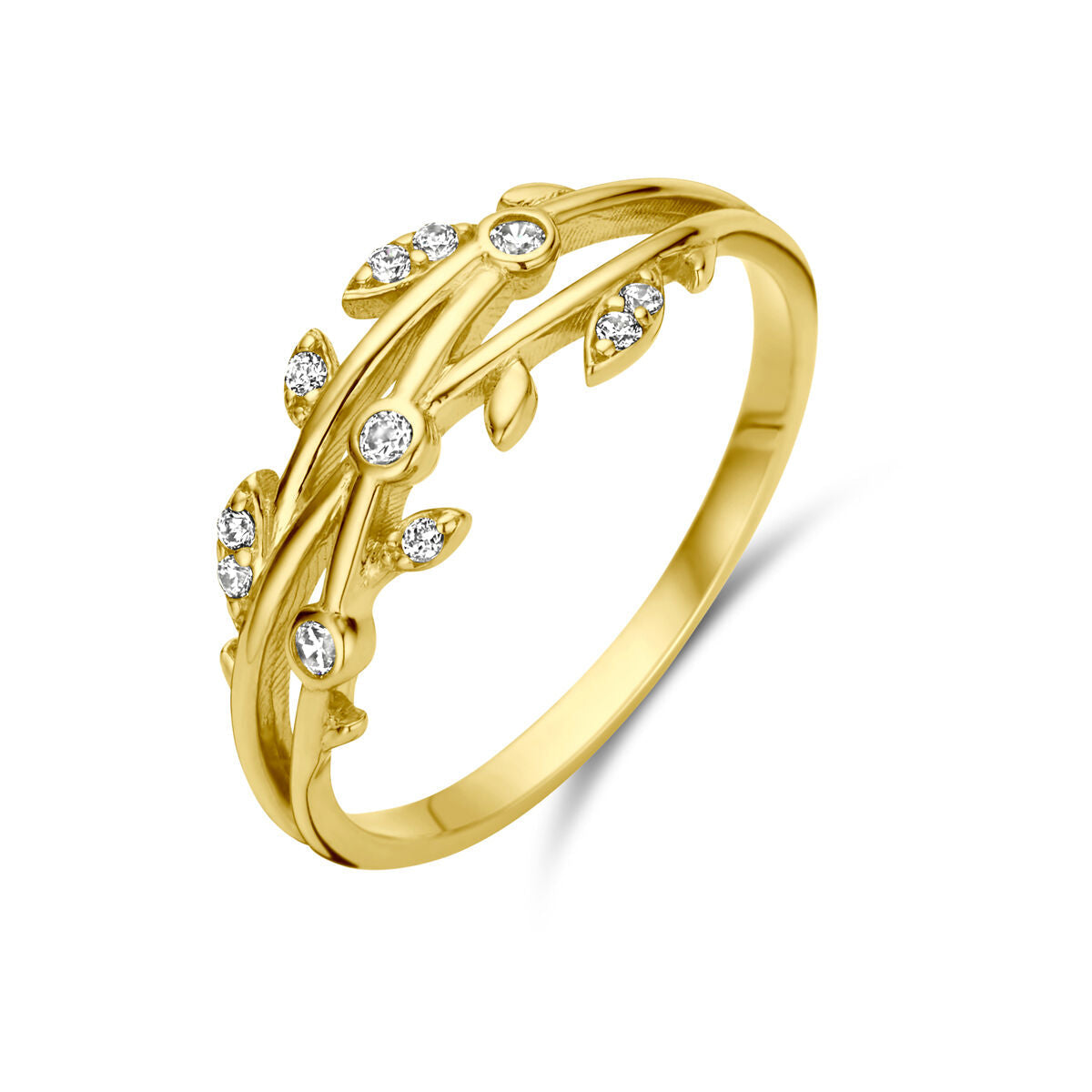 Ring aus 14K Gelbgold mit Zirkonia und Blattdesign