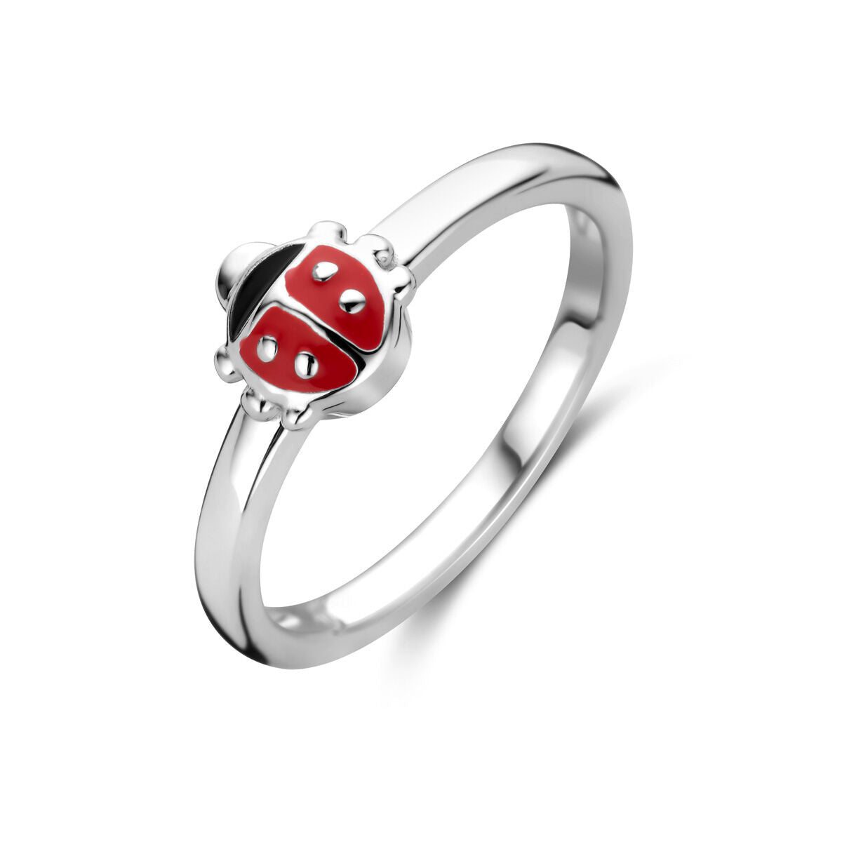 Ring aus rhodiniertem Silber mit rotem Marienkäfer und drei kleinen Zirkonia.