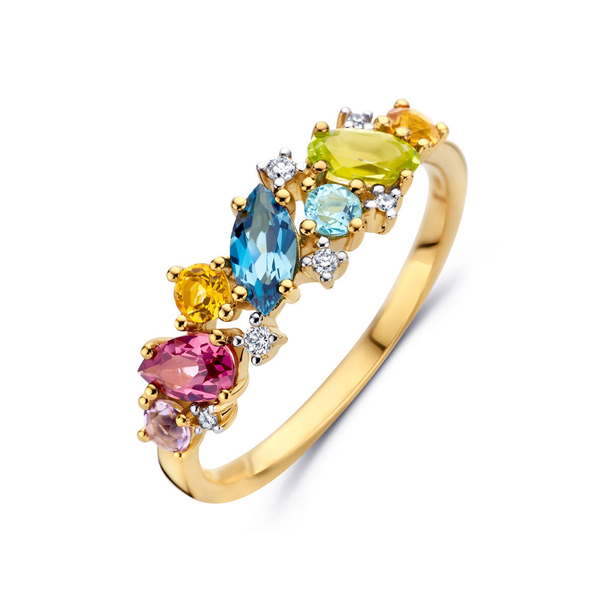 Ring aus 14K Gelbgold mit natürlichen Farbsteinen und Diamanten, besetzt mit bunten Edelsteinen und 0,04 ct Diamanten