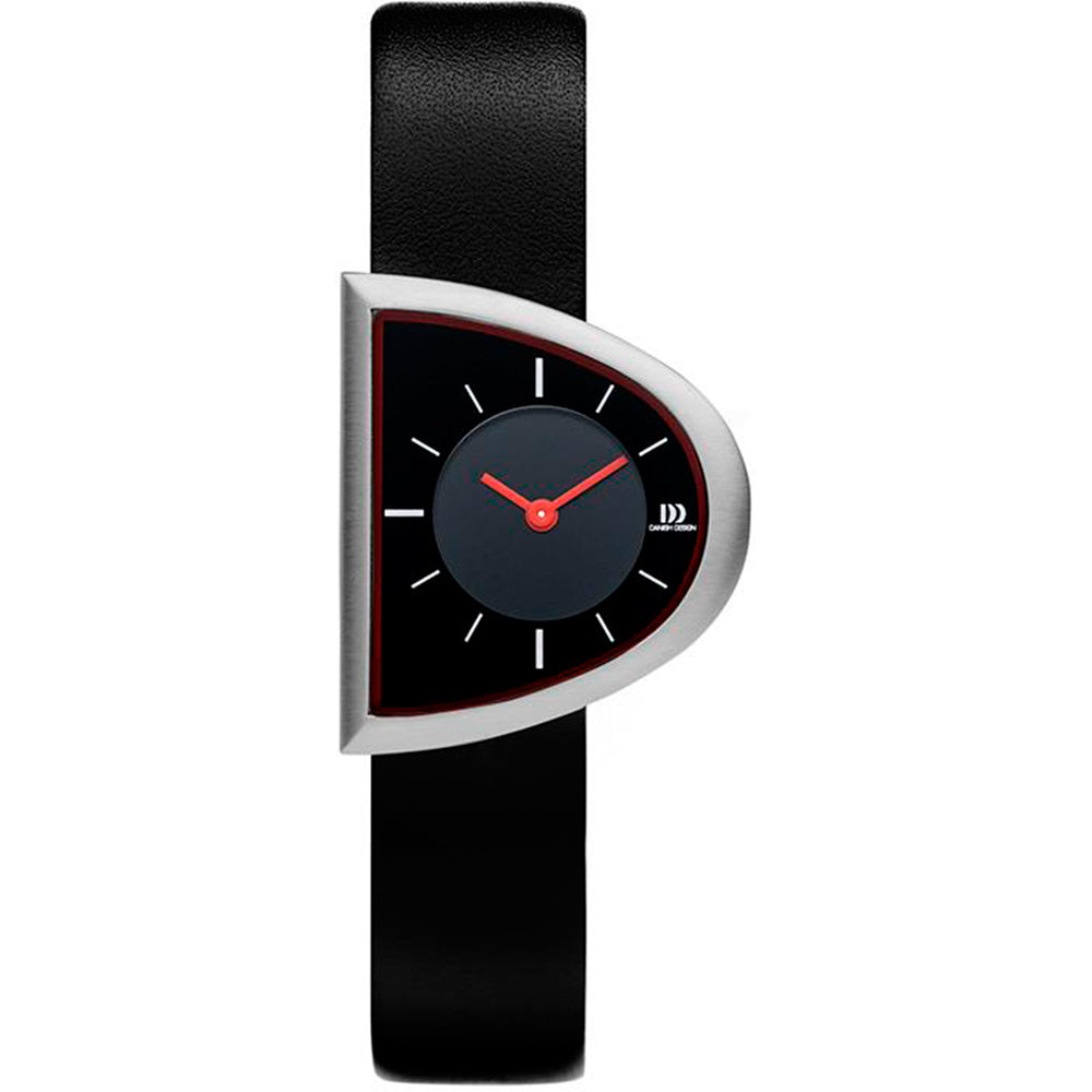 Damenarmbanduhr mit schwarzem Zifferblatt, silbernem Gehäuse und schwarzem Lederarmband