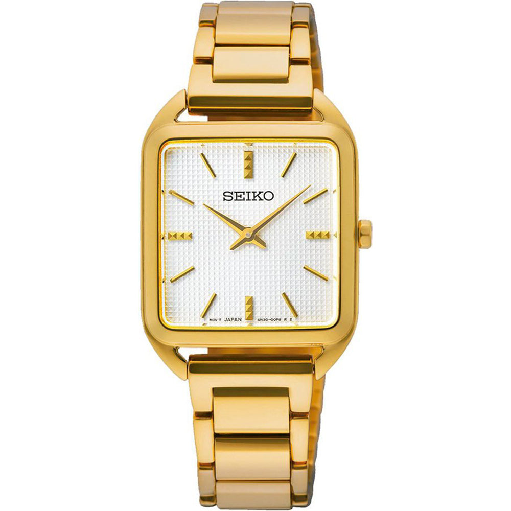 Damenarmbanduhr mit goldenem Gehäuse, weißem Zifferblatt und goldenem Armband