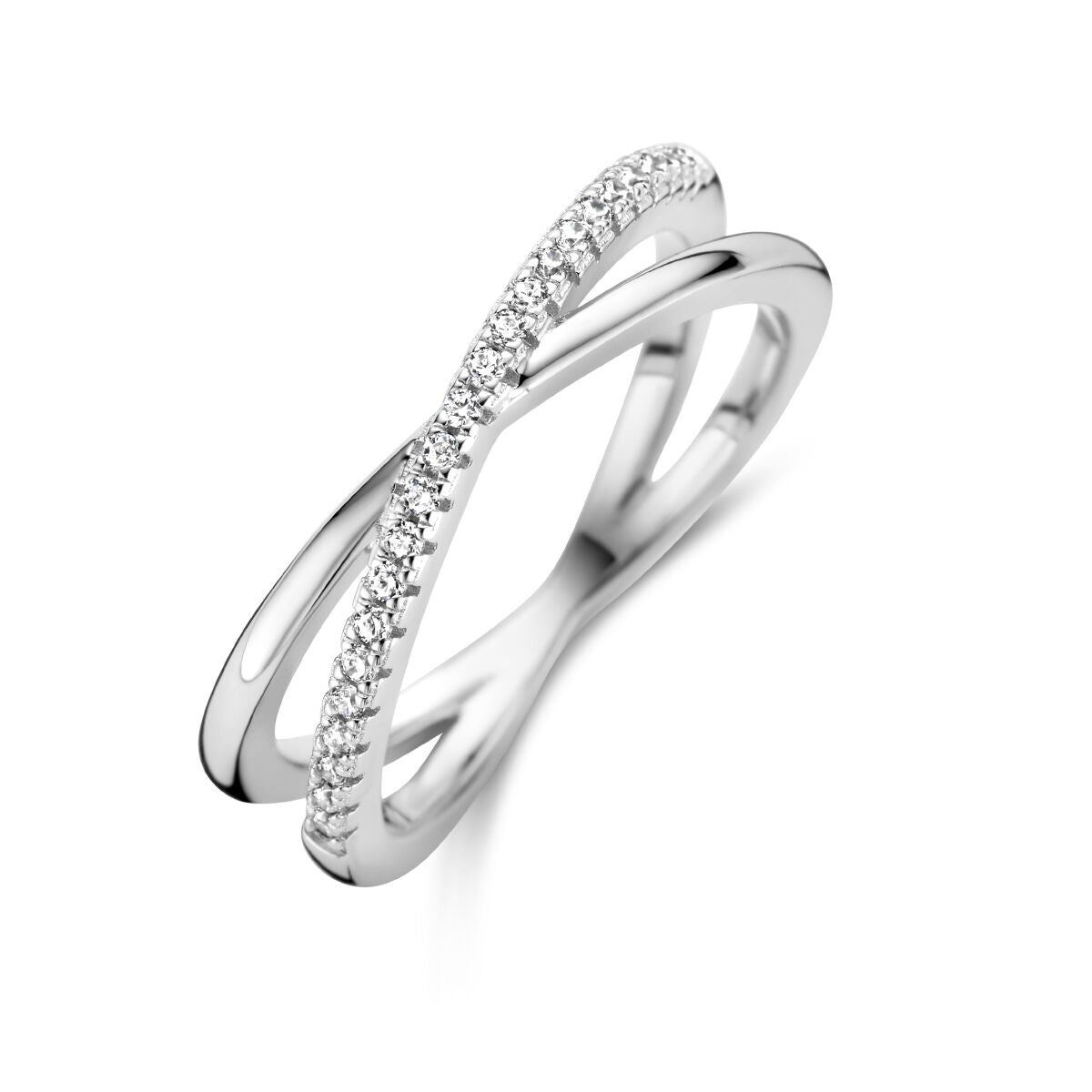 Ring aus rhodiniertem Silber mit Zirkonia-Steinen in schmaler, geschwungener Form
