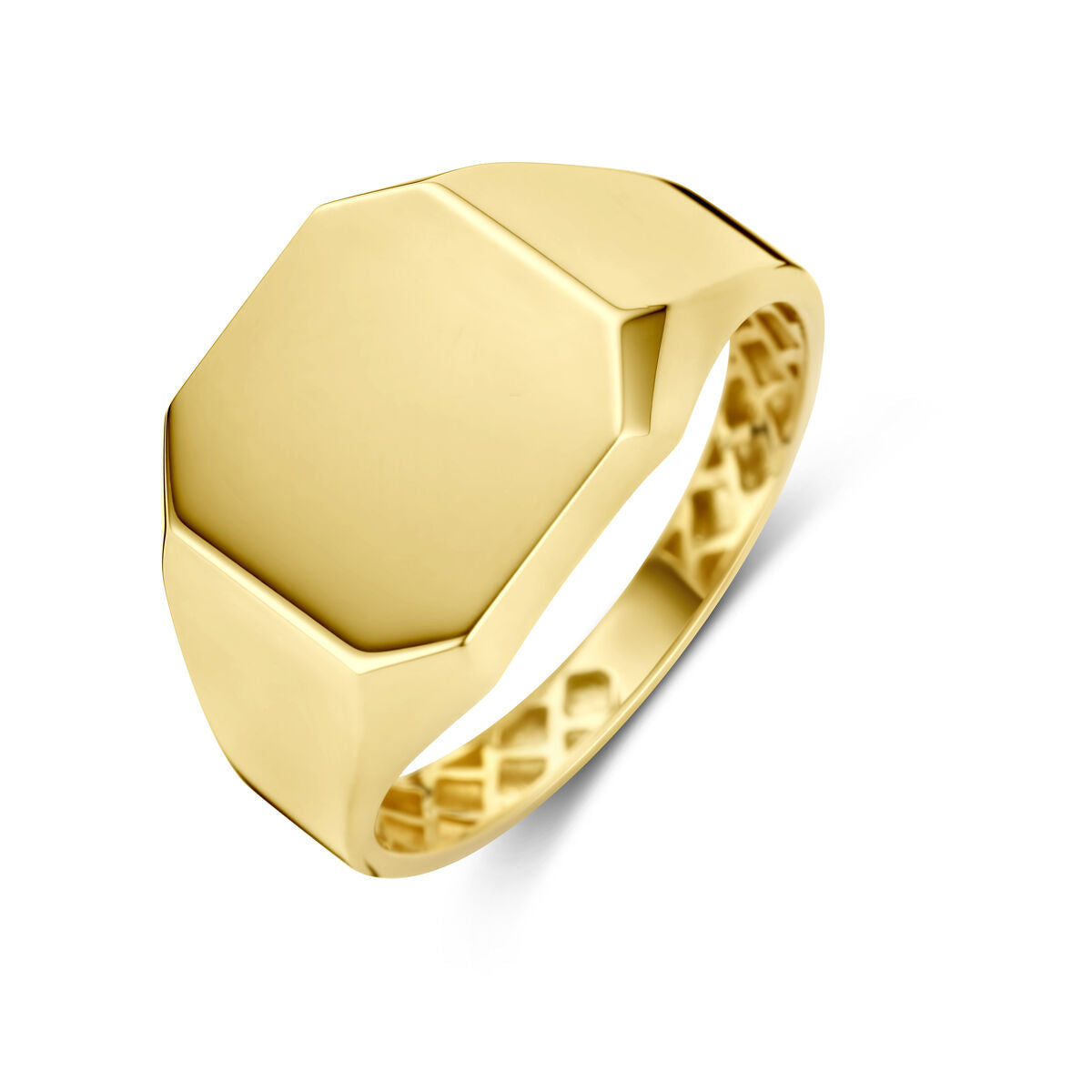 Gravur-Ring aus 14K Gelbgold mit sechseckigem Design und strukturiertem Innenring