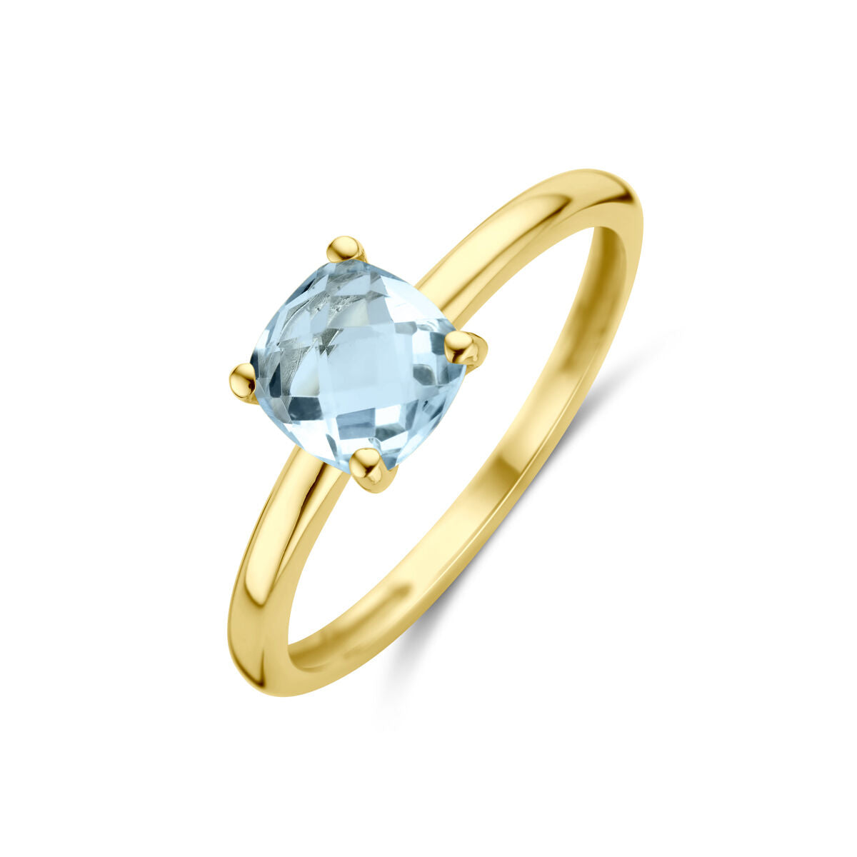 Ring aus 14K Gelbgold mit quadratischem, hellblauem Topas in vier Krappenfassung