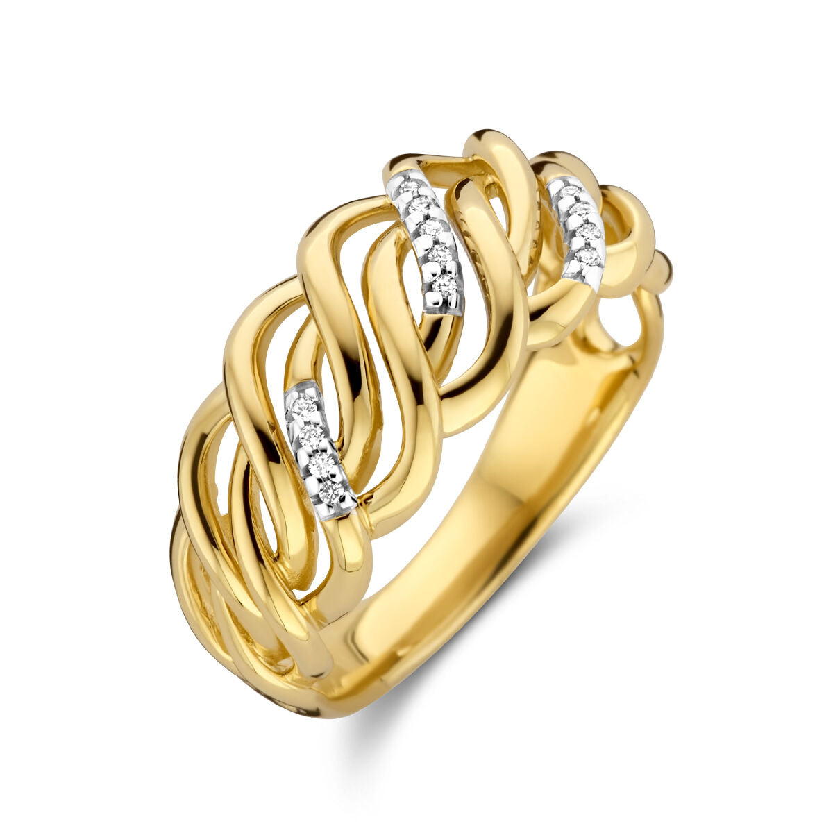 Ring aus 14K Gelbgold mit geschwungenem Design und drei kleinen Diamanten