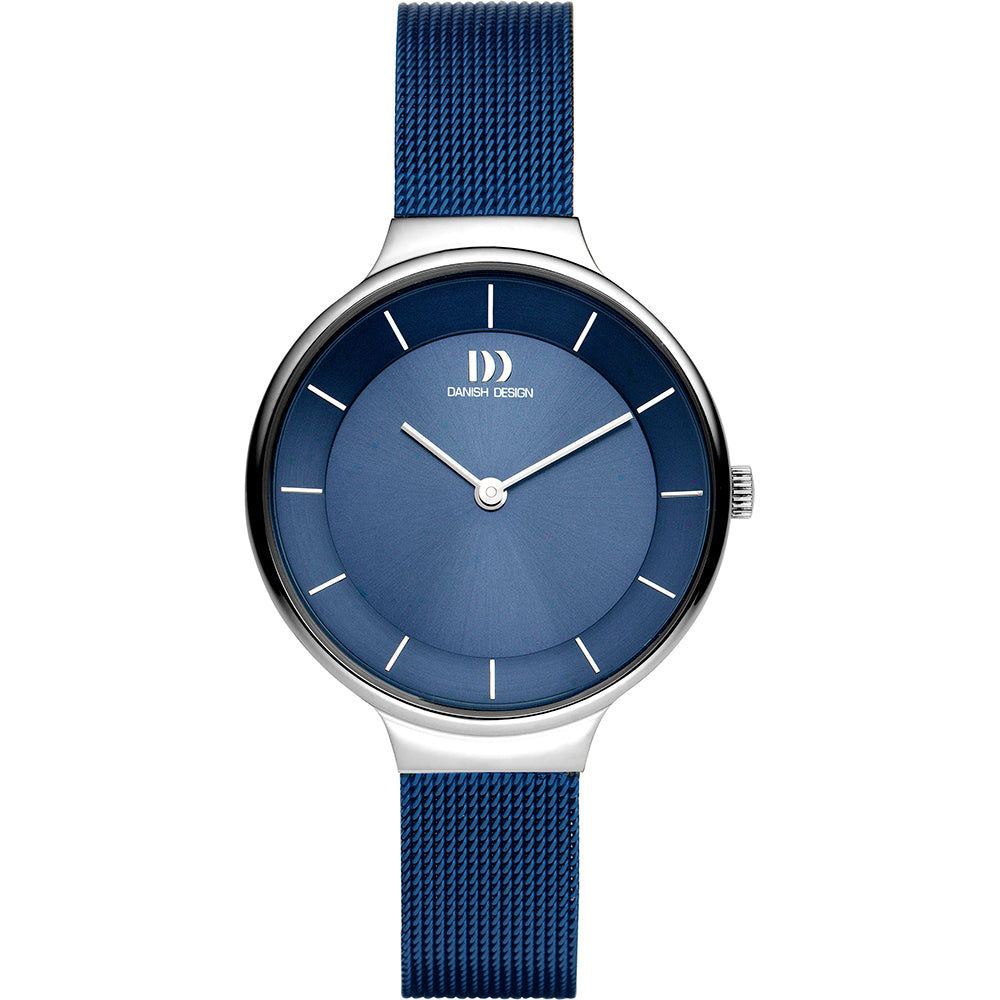 Uhr mit blauem Zifferblatt und blauem Mesh-Armband, Gehäuse aus Silber.