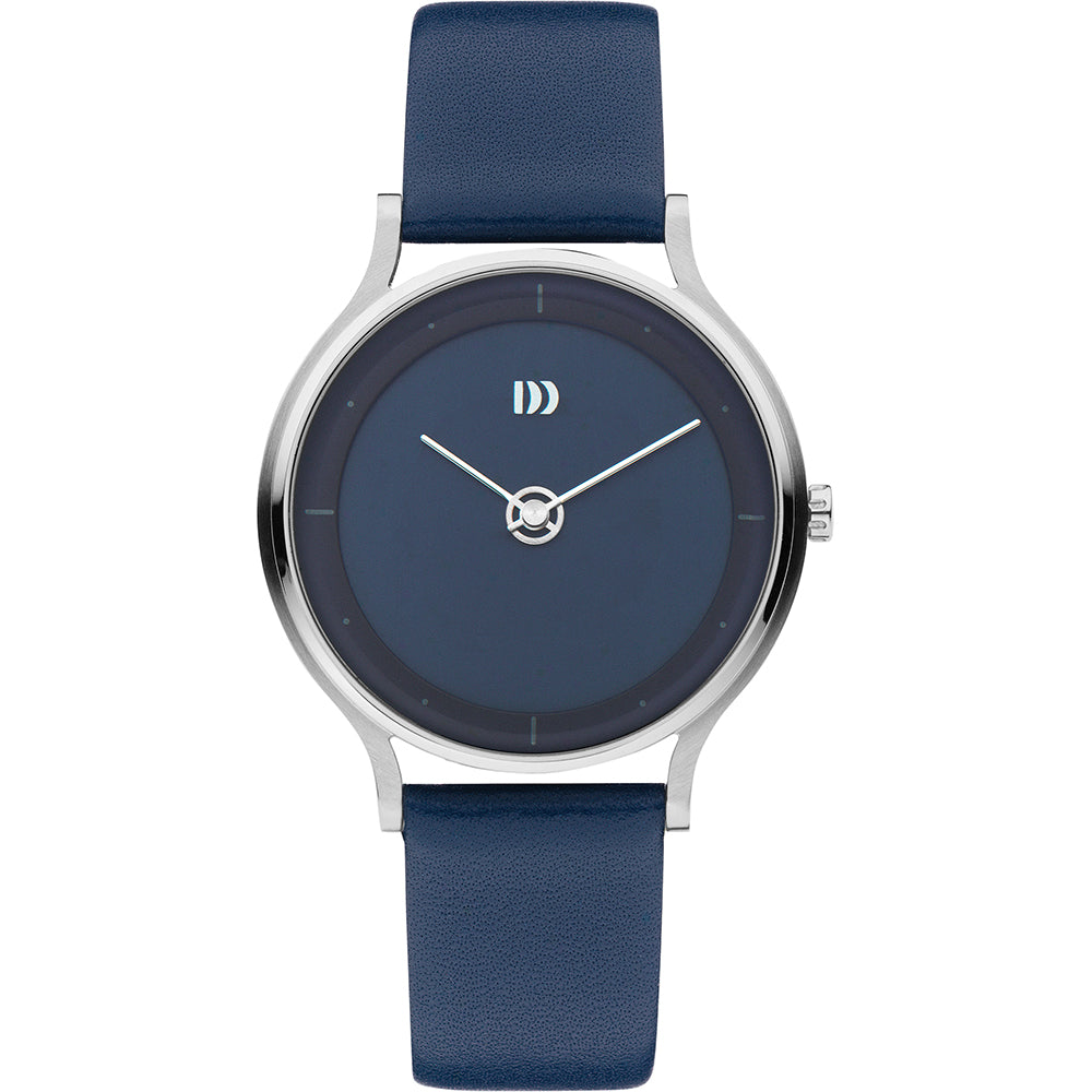 Uhr mit blauem Zifferblatt, silbernem Gehäuse und blauem Lederarmband