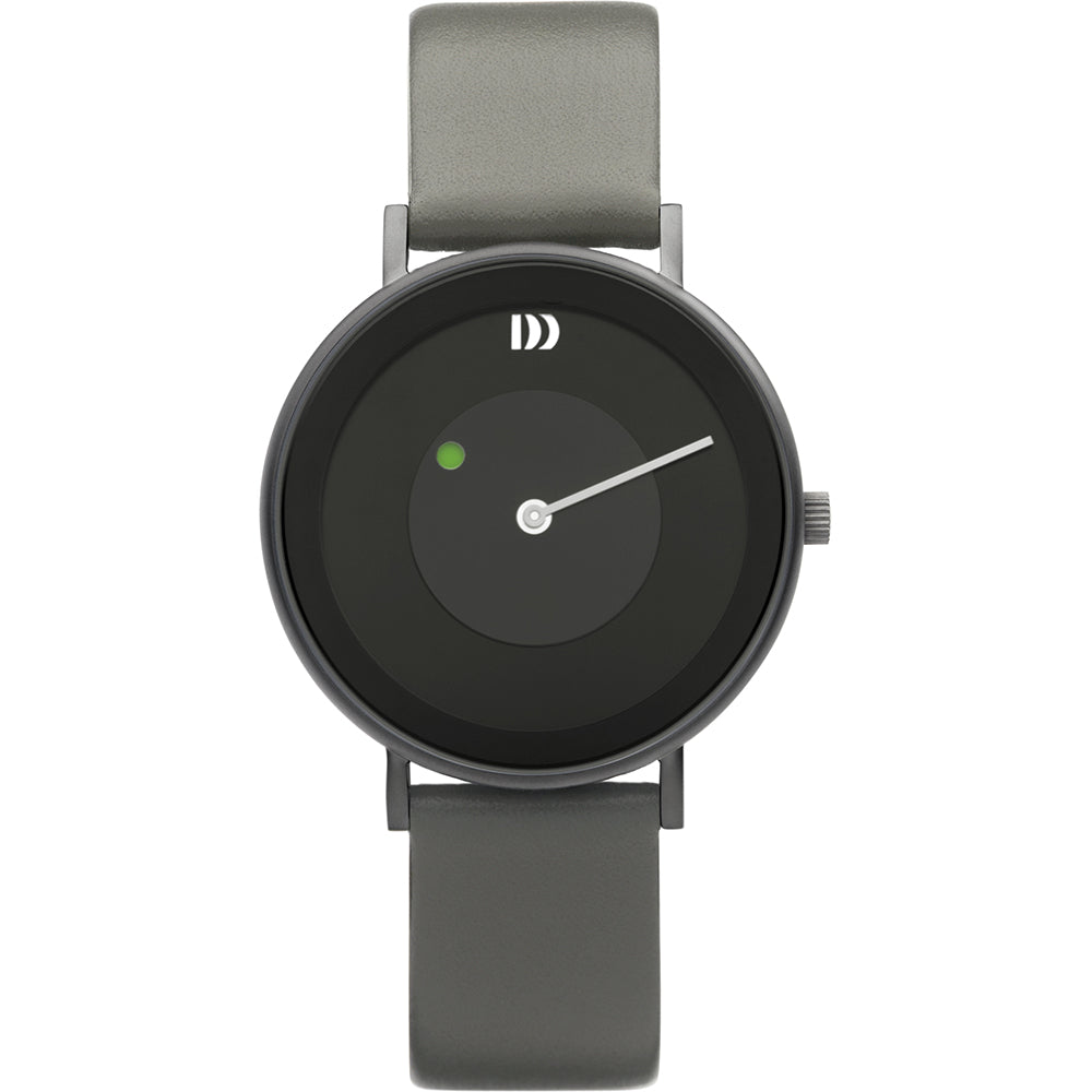 Uhr mit schwarzem Zifferblatt, grauem Lederarmband und minimalistischer Anzeige
