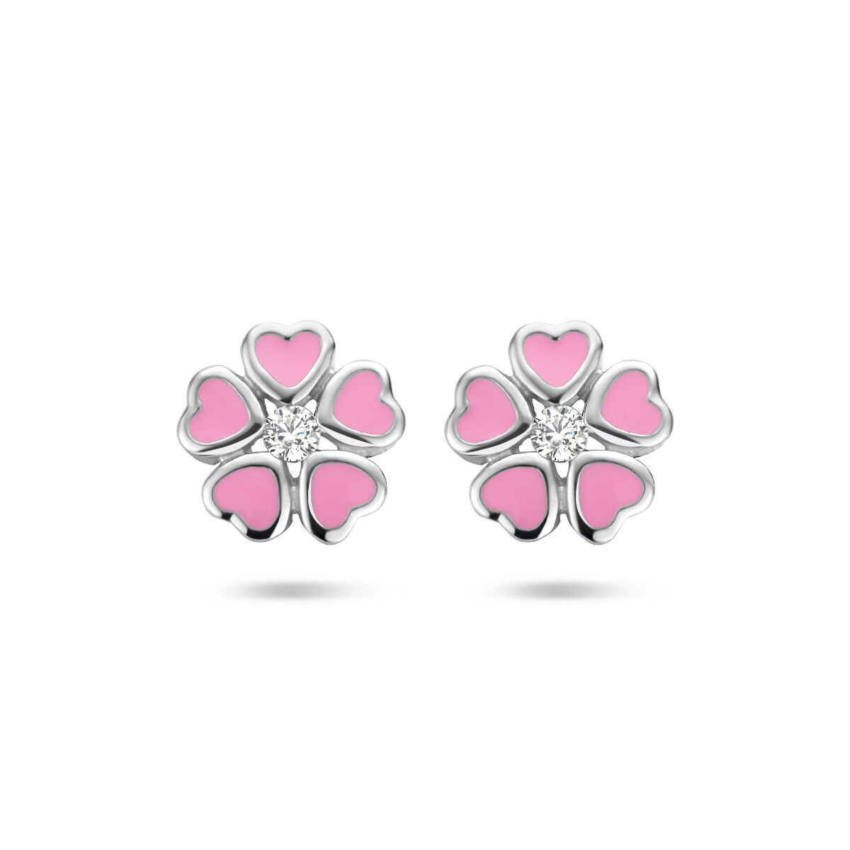 Ohrstecker in Blumenform mit pinken Herzen und Zirkonia in rhodiniertem Silber