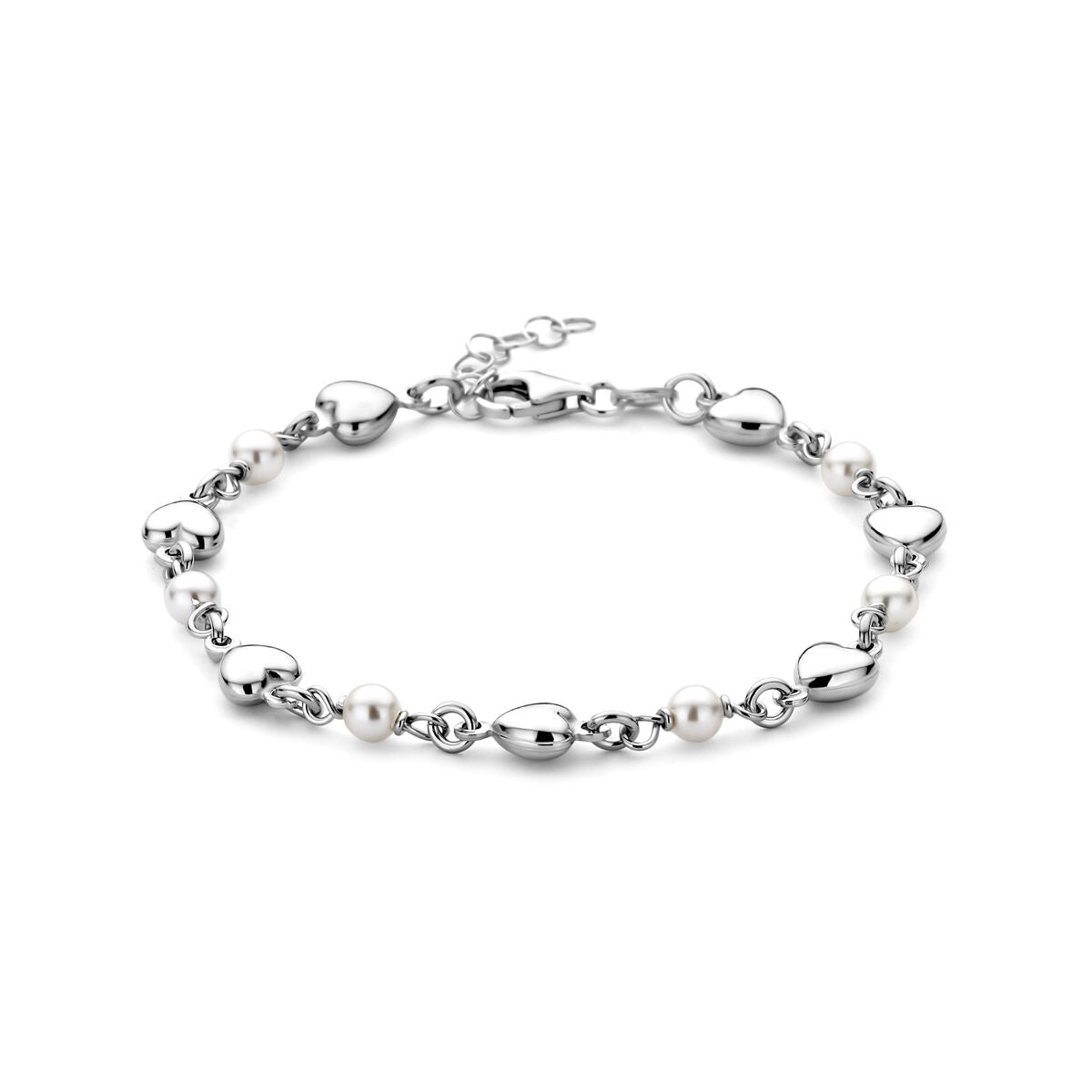 Armband aus rhodiniertem Silber mit Herzchen und Swarovski-Perlen