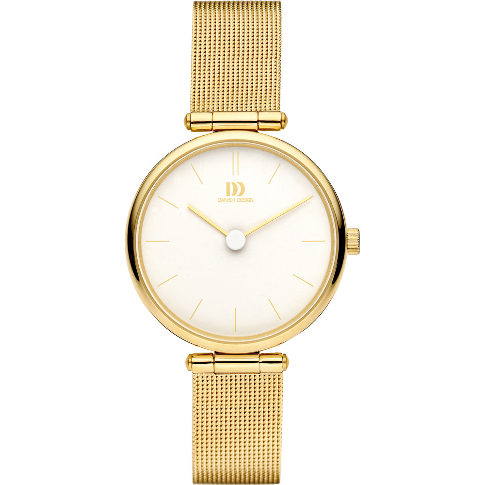 Damenarmbanduhr mit goldfarbenem Gehäuse, weißem Zifferblatt und goldfarbenem Mesh-Armband