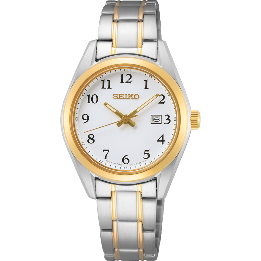 Damenarmbanduhr von Seiko mit silbernem und goldenem Gehäuse, weißem Zifferblatt und Datumsanzeige