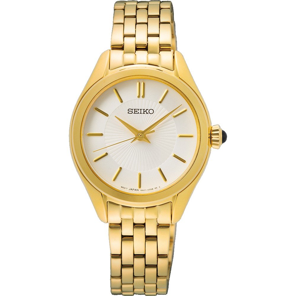 Damenarmbanduhr von Seiko mit goldenem Gehäuse, goldenem Armband und silbernem Zifferblatt