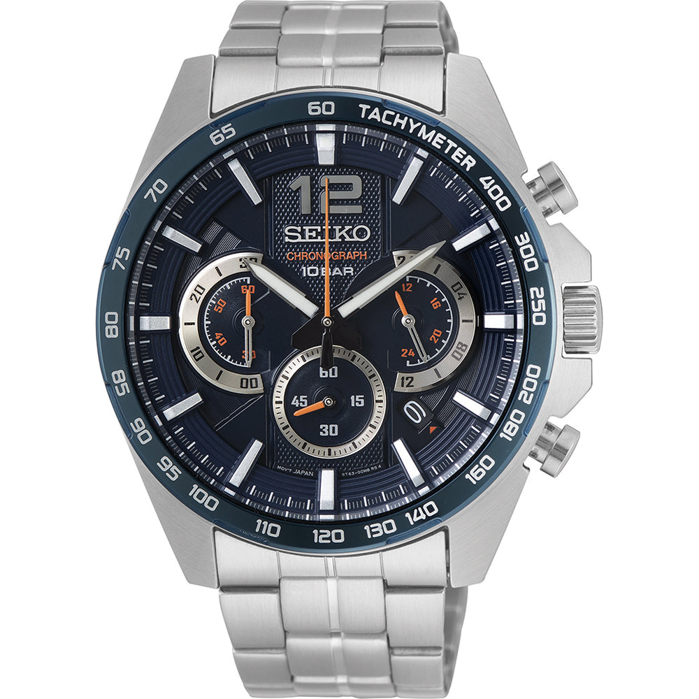 Herrenarmbanduhr mit blauem Zifferblatt, silbernem Gehäuse und Edelstahlarmband, Chronograph mit Tachymeter