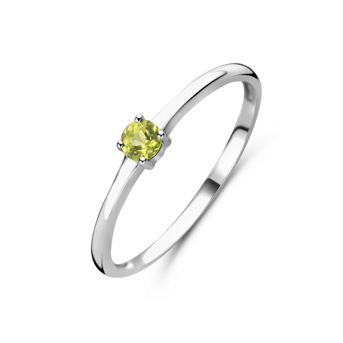 Ring aus rhodiniertem Silber mit grünem Peridot als Geburtsstein für August
