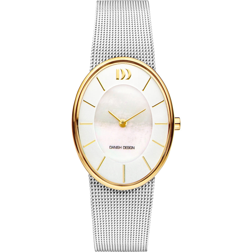 Damenarmbanduhr mit weißem Zifferblatt, goldfarbenem Gehäuse und silbernem Mesh-Armband