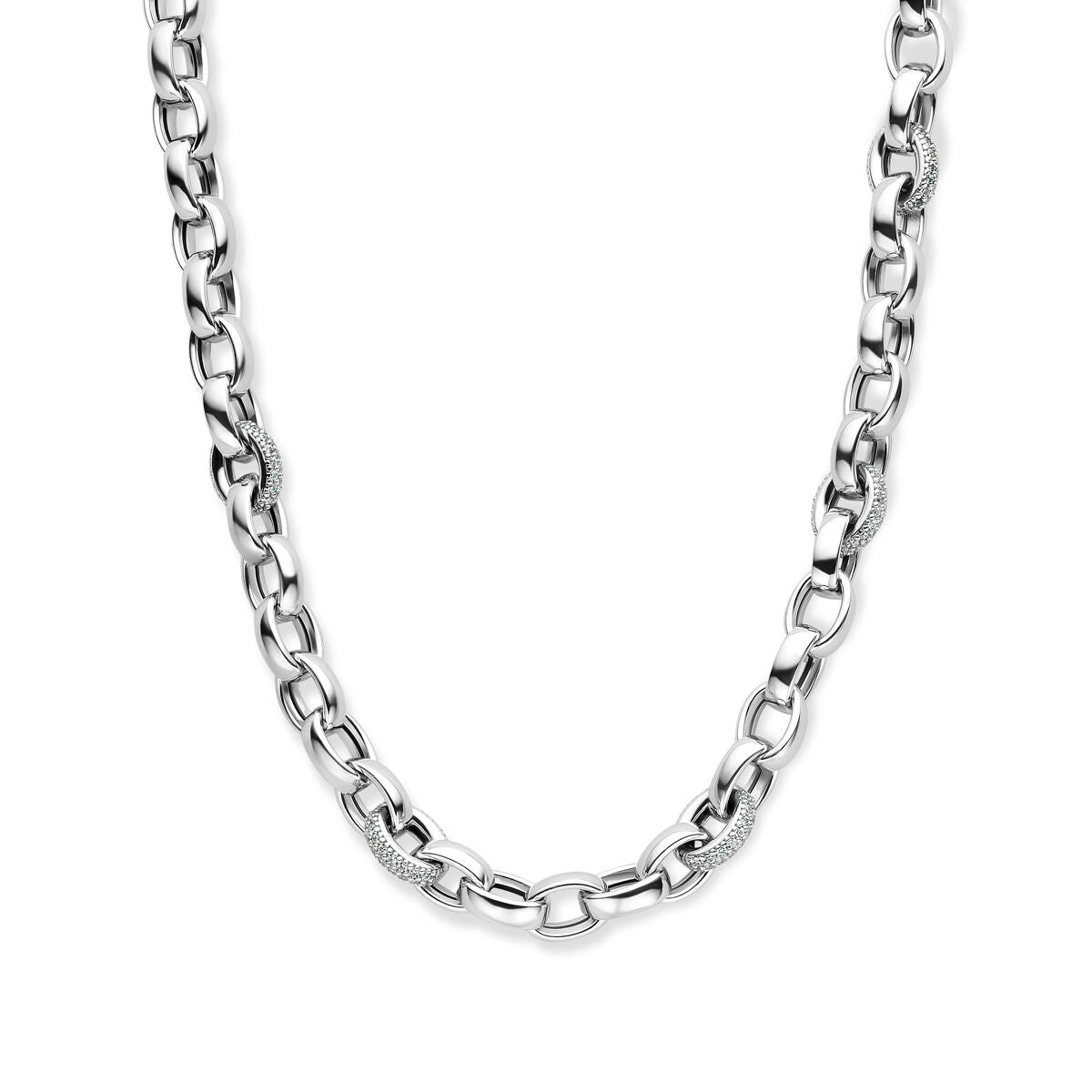 Collier aus rhodiniertem Silber mit ovalen Jasseron-Gliedern und Zirkonia, 45 cm lang