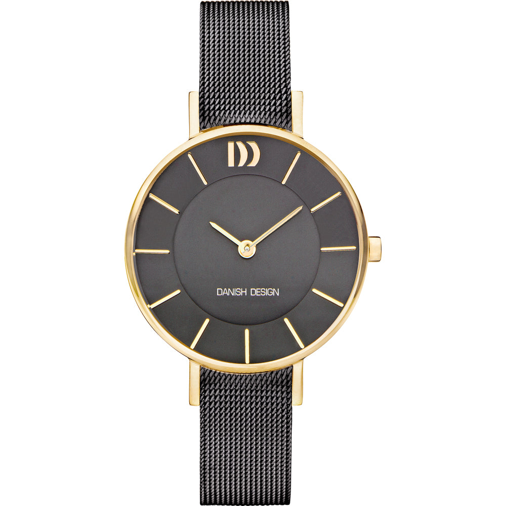 Uhr mit schwarzem Zifferblatt, goldfarbenem Gehäuse und schwarzem Mesh-Armband