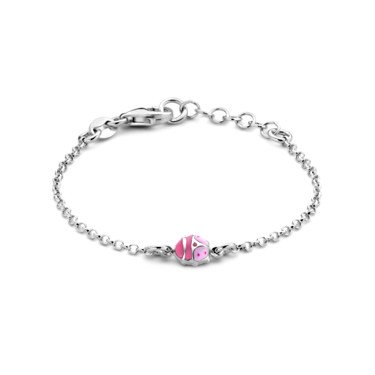 Armband aus rhodiniertem Silber mit einem pinken Marienkäfer-Anhänger und einer Länge von 11 + 2 cm
