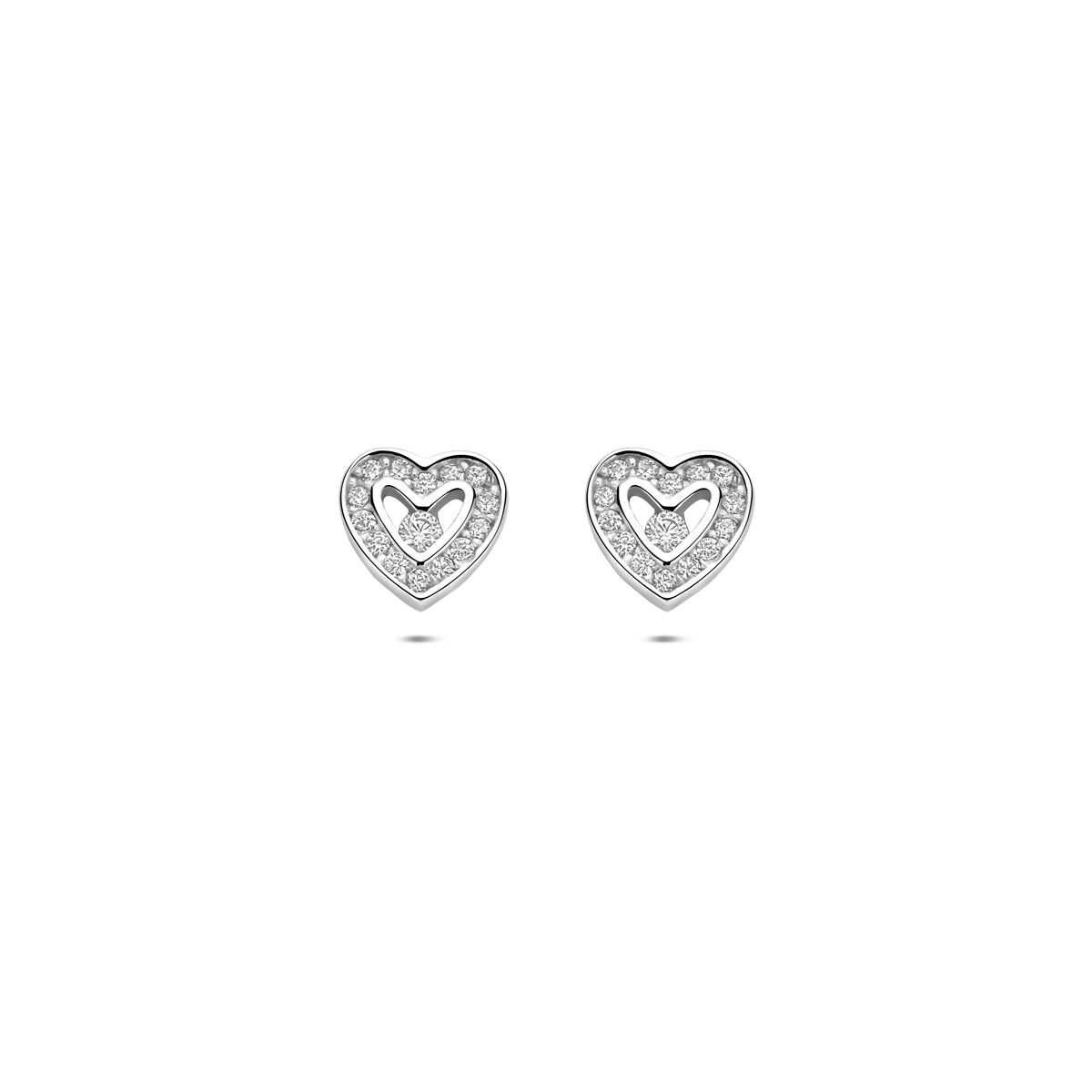 Zwei herzförmige Ohrstecker aus rhodiniertem 925 Silber mit Zirkonia-Steinen