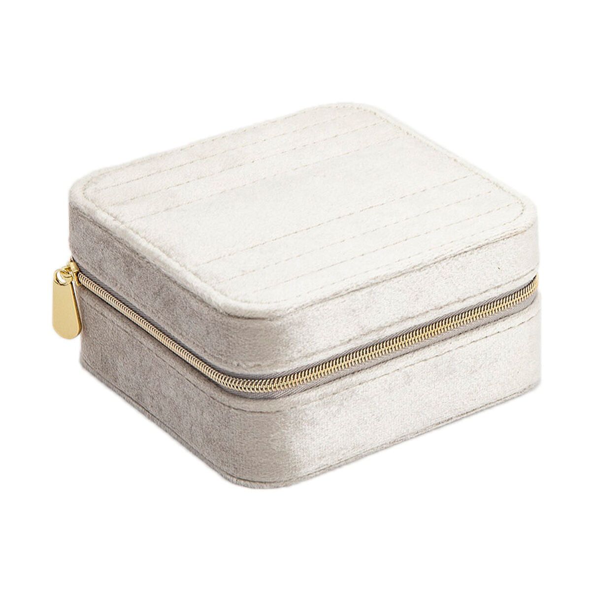 Schmuckbox in Creme mit goldfarbenem Reißverschluss und weicher Oberfläche